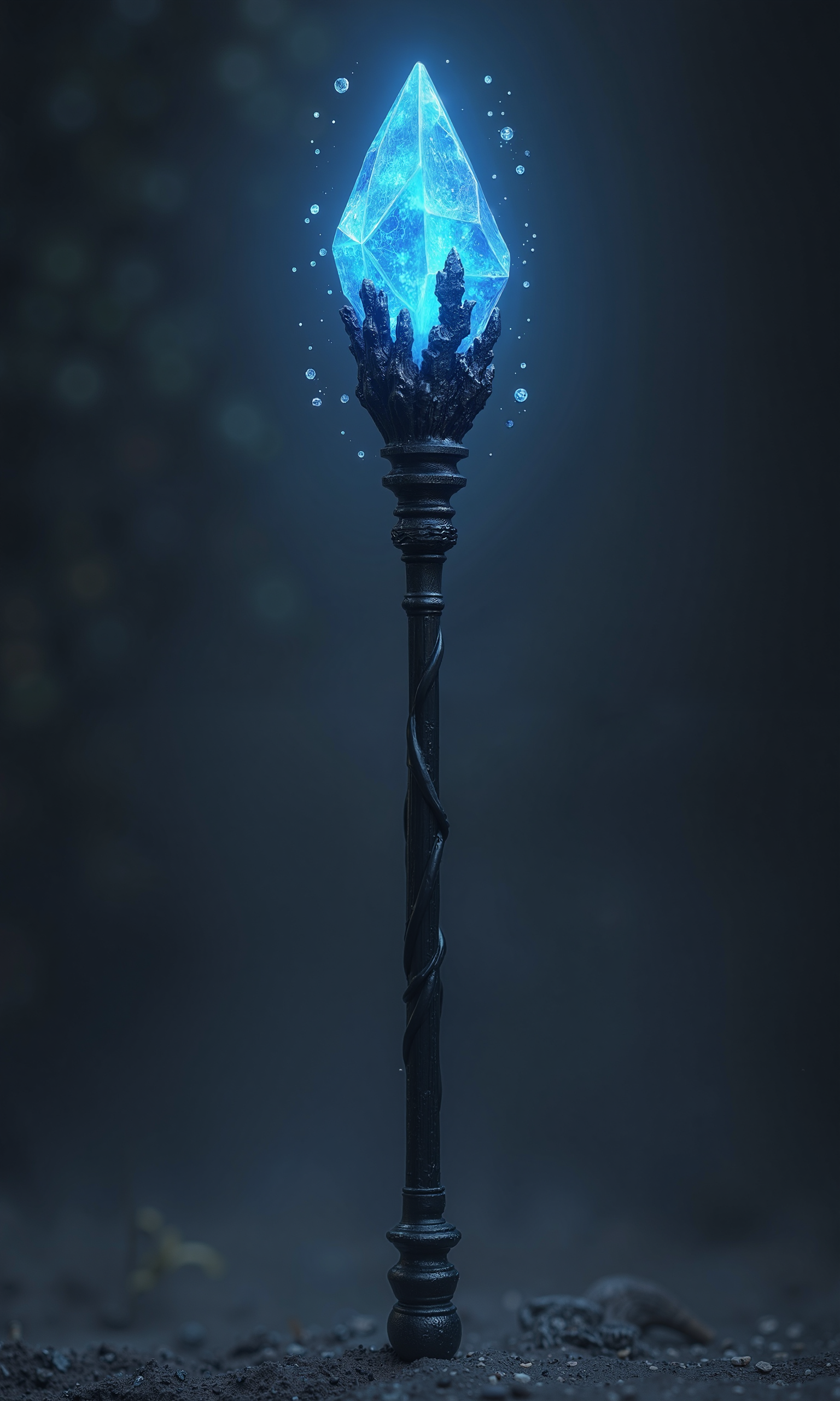 In a dark fantasy setting, a mysterious black staff stands tall, exuding arcane power. Its shaft is forged from shadowy, matte-black material with subtle, twisted textures that hint at forbidden origins. At the top, a chaotic, jagged blue crystal pulses with unstable energy, glowing faintly in shifting patterns like a living fragment of raw magic. The crystalâs irregular, untamed shape contrasts with the staffâs sleek form, creating an aura of wild sorcery and unpredictable force. Faint wisps of blue light swirl around the tip, emphasizing the volatile, otherworldly nature of the staffâs power.