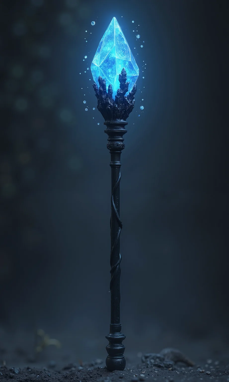 In a dark fantasy setting, a mysterious black staff stands tall, exuding arcane power. Its shaft is forged from shadowy, matte-black material with subtle, twisted textures that hint at forbidden origins. At the top, a chaotic, jagged blue crystal pulses with unstable energy, glowing faintly in shifting patterns like a living fragment of raw magic. The crystal’s irregular, untamed shape contrasts with the staff’s sleek form, creating an aura of wild sorcery and unpredictable force. Faint wisps of blue light swirl around the tip, emphasizing the volatile, otherworldly nature of the staff’s power.
