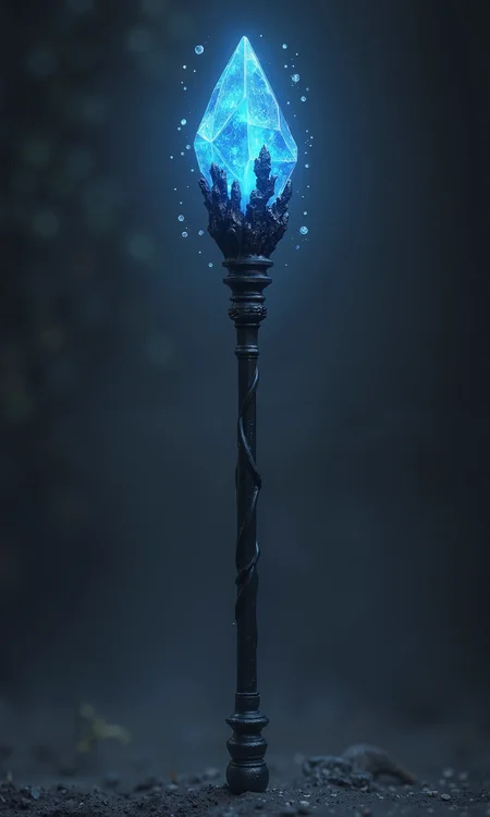 In a dark fantasy setting, a mysterious black staff stands tall, exuding arcane power. Its shaft is forged from shadowy, matte-black material with subtle, twisted textures that hint at forbidden origins. At the top, a chaotic, jagged blue crystal pulses with unstable energy, glowing faintly in shifting patterns like a living fragment of raw magic. The crystalâs irregular, untamed shape contrasts with the staffâs sleek form, creating an aura of wild sorcery and unpredictable force. Faint wisps of blue light swirl around the tip, emphasizing the volatile, otherworldly nature of the staffâs power.
