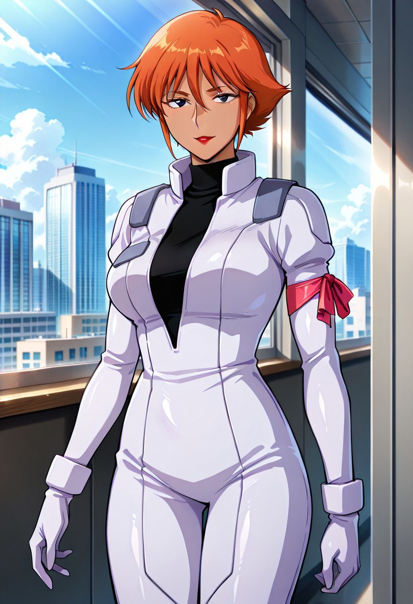((masterpiece, absurdres)), best quality, amazing quality, newest, 4k, anime coloring, very aesthetic, ray tracing, Smooth Quality, CG, city view,helen, brown skin ,1 mature female, orange hair, short hair, black eyes, red lips, pilotsuit, turtleneck t-shirt, arm ribbon