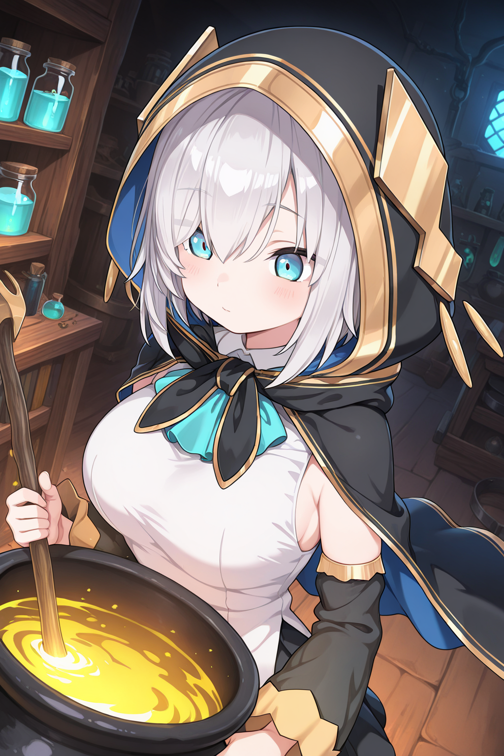 1girl, ArsAlmalNijisanji, 
general, solo, dynamic angle, upper body,
short hair, grey hair, blue eyes,
hooded cape, shirts, large breasts,
detached sleeves,
black sleeves, 
black skirt,
standing,
laboratory, fantasy, alchemy, cauldron,
<lora:kp_ArsAlmalNijisanji1stCostumeIllustrious_v1_0:1.0>,
masterpiece, best quality, amazing quality