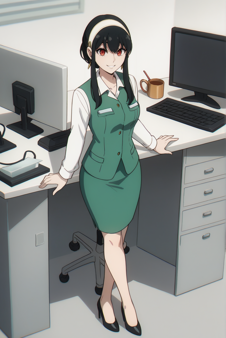 score_9, score_8_up, score_7_up, score_6_up, score_5_up, score_4_up, BREAK source_anime, 1girl, solo,
<lora:SpyxFamilyYorXL-v1-07:0.7>, ChopioYor, black hair, red eyes, gold earrings, looking at viewer,
short hair with long locks, sidelocks, white hairband, hair ribbon,
medium breasts, (thick thighs:0.6), 
outfit_1, office lady, collared shirt, white shirt, green vest, breast pocket, green skirt, pencil_skirt, long sleeves, high heels, black footwear, 
office, monitor, keyboard \(computer\), desk, leaning on desk, standing, smile, full body, crossed legs,