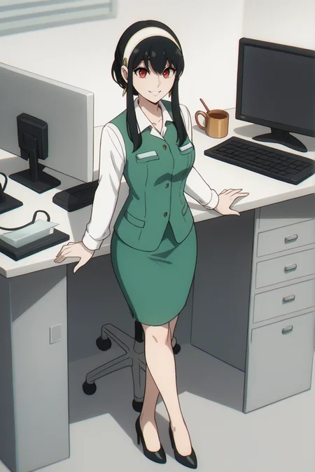 score_9, score_8_up, score_7_up, score_6_up, score_5_up, score_4_up, BREAK source_anime, 1girl, solo,
<lora:SpyxFamilyYorXL-v1-07:0.7>, ChopioYor, black hair, red eyes, gold earrings, looking at viewer,
short hair with long locks, sidelocks, white hairband, hair ribbon,
medium breasts, (thick thighs:0.6), 
outfit_1, office lady, collared shirt, white shirt, green vest, breast pocket, green skirt, pencil_skirt, long sleeves, high heels, black footwear, 
office, monitor, keyboard \(computer\), desk, leaning on desk, standing, smile, full body, crossed legs,