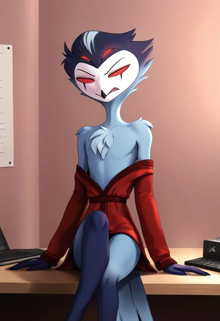 Stolas Goetia of Helluva Boss, 34 years old, angry, nice and cozy red morning gown, home, computer_on_fire, sitting behind desk, StlsGtia_Dskfll, stolas, N0R3AL_PDXL, PonyXLV6_Scores, blue body, feathers, bird, anthro, anthro bird, white face, red sclera, black hands, messy hair, large messy hair, dark blue messy hair, 4eyes, two sets of eyes, tail, bird tail, black and blue legs, (male anthro bird:1.3).