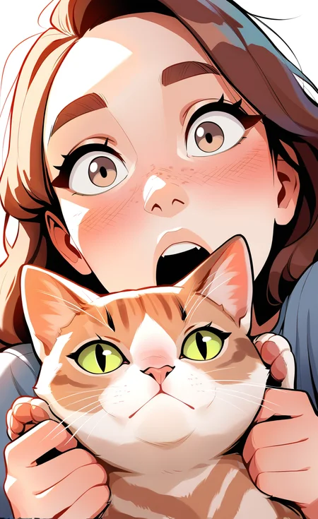 masterpiece, best quality, good quality, very aesthetic, absurdres, newest, 1girl, solo, open_mouth, brown_hair, holding, brown_eyes, teeth, grey_eyes, nose_blush, watermark, animal, cat, portrait, slit_pupils, surprised, close-up, freckles, wide-eyed, covered_mouth, straight-on, holding_animal, whiskers, holding_cat, eye_focus, animal_hug, looking_at_viewer <lora:ponyv5_noobE11_1_adamW-000013:0.8> <lora:style_nyanmix_styleXLIllustrious001:0.4> <lora:MeMaXL4:0.6>