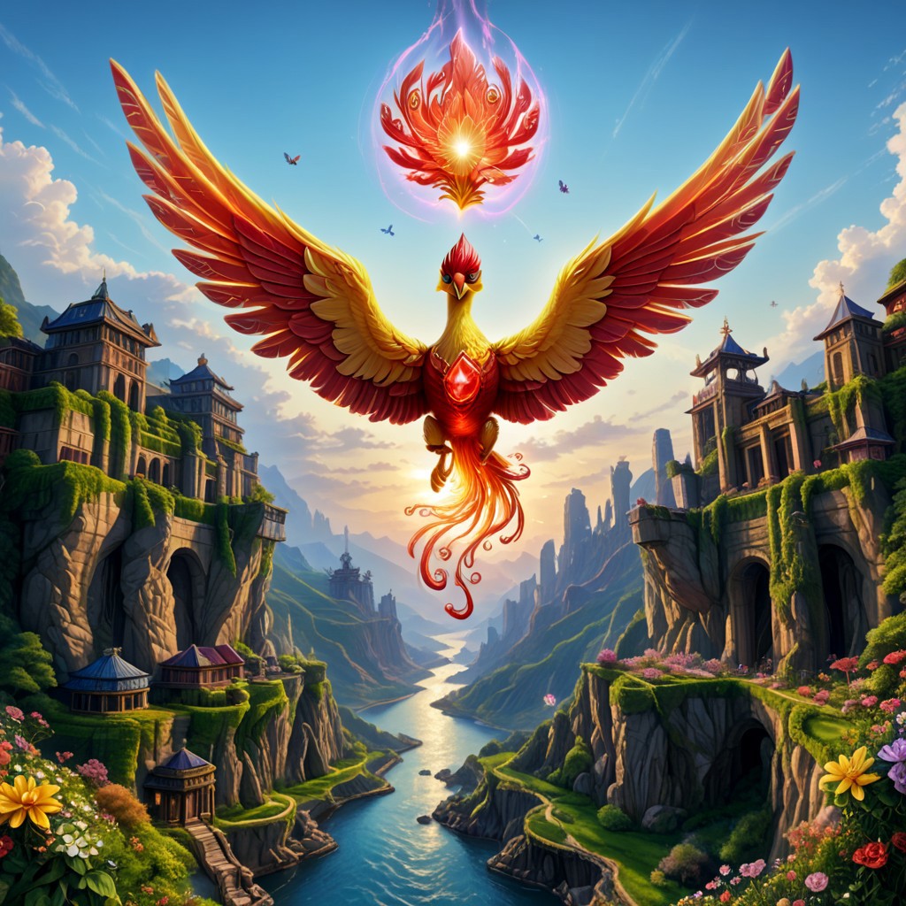 score_9, score_8_up, score_7_up, (Phenomenal Phoenix from pink and red crystals flying in the sky in its splendor, intense pink and red glowing aura on the phoenix's body, powerful energy reside inside the core of phoenix's body and the phoenix's eyes radiating blazing heat:1.37), strong focus on subject, Futuristic space suit with integrated HUD and environmental sensors, strong bokeh, masterpiece, flawless complexion, top quality, best quality, ultra-realistic, ultra-detailed, 8k, highest resolution, surreal, incredibly lifelike, real life photo reality, lots of colorful kinds of beautiful flowers, bunches of tiny little animals, tiny birds and butterflies flying around, fish jumping in the air, wisdom tree, sunlight, perfect shadow, perfect panorama photo, lakes, meadows, best artistic scenery, colorful, rich colors, perfection artistic, uncanny realism, realism pushed to extreme, outstanding clear photo quality, immaculate-micro-details phoenix, intricate details, awards winning legendary almighty beast photography, 360 View, 360, micro details photography, shot on Canon EOS 5D, glamour photography, radiant god rays, Ilford HP5 Plus, Photographers by Tim Walker, technicolor, digital art, depth of field, Ancient temple,, top quality photo, intricate details, imagine awards winning photography, (distant view:1.6)