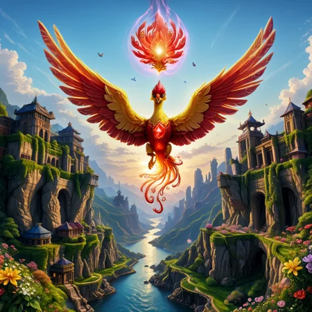 score_9, score_8_up, score_7_up, (Phenomenal Phoenix from pink and red crystals flying in the sky in its splendor, intense pink and red glowing aura on the phoenix's body, powerful energy reside inside the core of phoenix's body and the phoenix's eyes radiating blazing heat:1.37), strong focus on subject, Futuristic space suit with integrated HUD and environmental sensors, strong bokeh, masterpiece, flawless complexion, top quality, best quality, ultra-realistic, ultra-detailed, 8k, highest resolution, surreal, incredibly lifelike, real life photo reality, lots of colorful kinds of beautiful flowers, bunches of tiny little animals, tiny birds and butterflies flying around, fish jumping in the air, wisdom tree, sunlight, perfect shadow, perfect panorama photo, lakes, meadows, best artistic scenery, colorful, rich colors, perfection artistic, uncanny realism, realism pushed to extreme, outstanding clear photo quality, immaculate-micro-details phoenix, intricate details, awards winning legendary almighty beast photography, 360 View, 360, micro details photography, shot on Canon EOS 5D, glamour photography, radiant god rays, Ilford HP5 Plus, Photographers by Tim Walker, technicolor, digital art, depth of field, Ancient temple,, top quality photo, intricate details, imagine awards winning photography, (distant view:1.6)