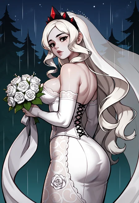 score_9,score_8_up,score_7_up, 1girl, solo, night, starry sky, standing, the pose, wedding dress, ghost girl, lace -trimmed dress, corset, bridal gauntlets, black eyes, lips, ([(pale skin)|grey skin]), veil, wavy hair, white hair, mole under eye, open mouth, parted lips, looking back, looking at viewer, rain, holding bouquet, white rose, altar, ass, absurdly long hair, twisted torso, cleavage, forest, turning, layered dress, hands up, from side, standing,