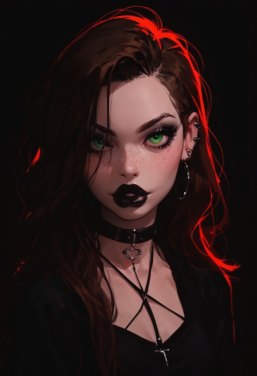 score_9, score_8_up, score_7_up, score_6_up, score_5_up, score_4_up, goth girl, gothic,  egirlmake up, choker, (beautiful face, cute face, 18 years old) Expressiveh, ASCII 1 girl, brown hair, green eyes, black latex outfit, medium breasts, upper body, photoshoot, 4k, big lips, choker, heavy make up, black lipstip, eyeliner, long hair, freckles