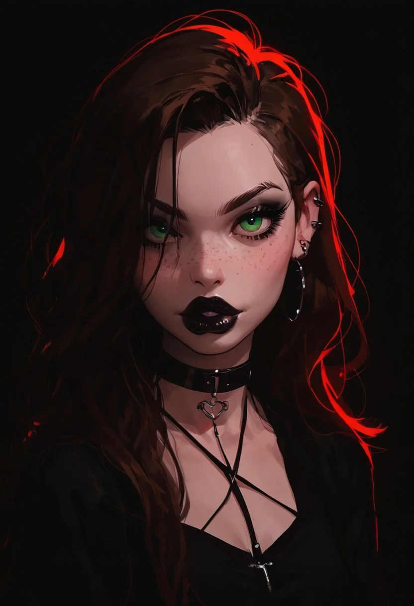 score_9, score_8_up, score_7_up, score_6_up, score_5_up, score_4_up, goth girl, gothic,  egirlmake up, choker, (beautiful face, cute face, 18 years old) Expressiveh, ASCII 1 girl, brown hair, green eyes, black latex outfit, medium breasts, upper body, photoshoot, 4k, big lips, choker, heavy make up, black lipstip, eyeliner, long hair, freckles