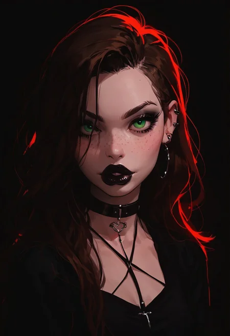 score_9, score_8_up, score_7_up, score_6_up, score_5_up, score_4_up, goth girl, gothic,  egirlmake up, choker, (beautiful face, cute face, 18 years old) Expressiveh, ASCII 1 girl, brown hair, green eyes, black latex outfit, medium breasts, upper body, photoshoot, 4k, big lips, choker, heavy make up, black lipstip, eyeliner, long hair, freckles