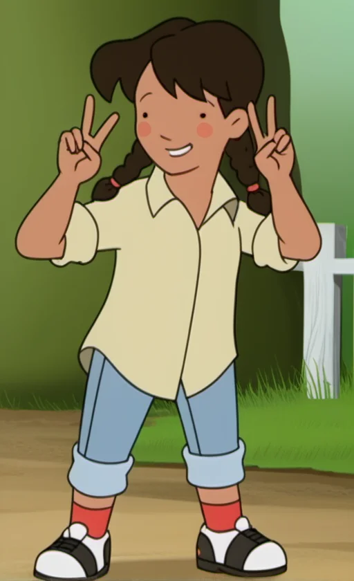 solo, 1girl, blgs3, brown hair, twin braids, twintails, black dot eyes, double v, shirt, blush stickers, smile, pants, sleeves rolled up, pants rolled up, shoes, socks, standing, full body, outdoors., <lora:blgs3-000011:1>,