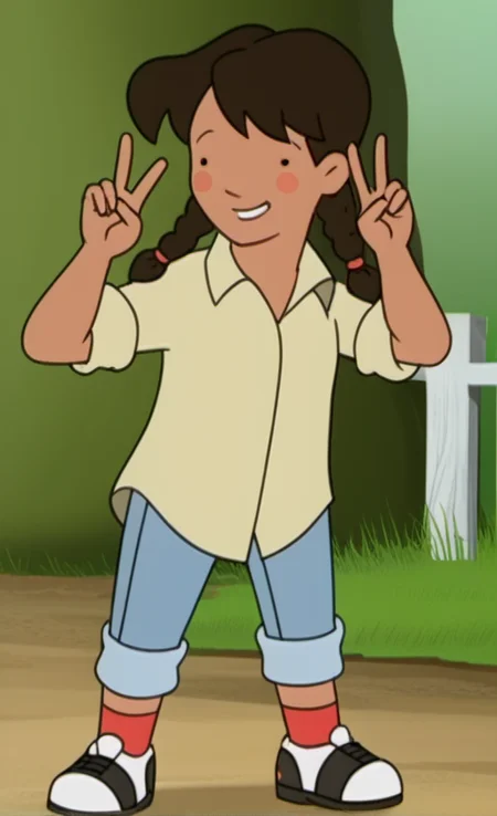 solo, 1girl, blgs3, brown hair, twin braids, twintails, black dot eyes, double v, shirt, blush stickers, smile, pants, sleeves rolled up, pants rolled up, shoes, socks, standing, full body, outdoors., <lora:blgs3-000011:1>,