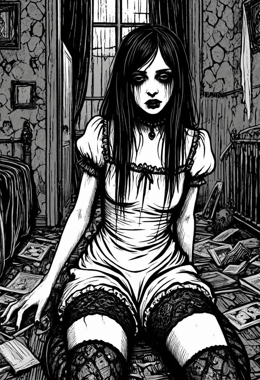 gothic, digital illustration, flat colors, line art, black and white, Mentally unstable Alice Lidell inside the asylum, disturbed, sad,