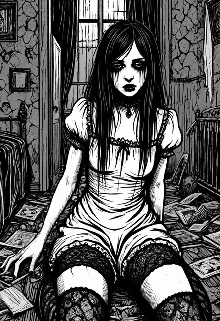 gothic, digital illustration, flat colors, line art, black and white, Mentally unstable Alice Lidell inside the asylum, disturbed, sad,