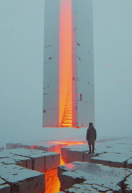 A photograph of a glowing neon orange ladder, floating vertically in an empty, desaturated void. The ladder’s rungs pulse with a flickering cyan outline, as if glitching in and out of existence. Below, the ground is cracked and fractured, leaking neon cyan mist that twists upward, wrapping around the base. The ladder stretches infinitely into a white void, disappearing into an unseen point beyond reality, while faint orange embers float weightlessly through the mist-filled air. neon-mist, <lora:neon-mist03:1>