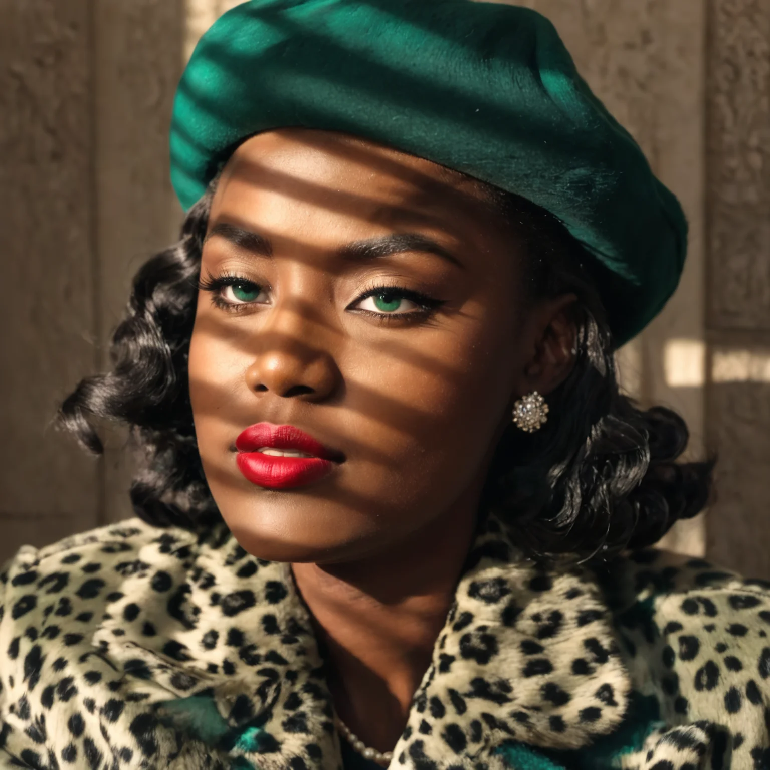 sunlight_str1, (the view is from above with and downwards angle:2.5), a beautiful young african woman in a dark room with white marble walls, in the 1940s, salon hair, wearing a small green teal hat, broach pin in her hat, (wearing a leopard fur coat:1.5), (mouth closed smile:1.5), wearing eyeshadow, brown eyes, red lipstick, deep shadow from sunlight, variegated sunlight, <lora:sunlight_str1:1.0>