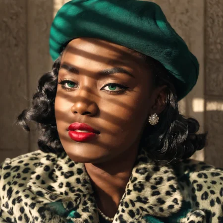 sunlight_str1, (the view is from above with and downwards angle:2.5), a beautiful young african woman in a dark room with white marble walls, in the 1940s, salon hair, wearing a small green teal hat, broach pin in her hat, (wearing a leopard fur coat:1.5), (mouth closed smile:1.5), wearing eyeshadow, brown eyes, red lipstick, deep shadow from sunlight, variegated sunlight, <lora:sunlight_str1:1.0>