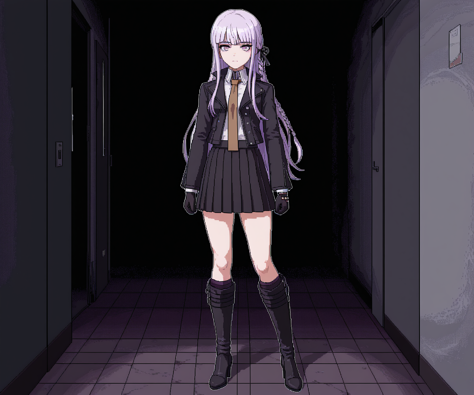 masterpiece, best quality, amazing quality,  1girl, solo,  horror \(theme\), <lora:World of Horror style:1.2> WoH, pixel art,  <lora:Kyoko  [Illustrious] - Danganronpa:0.6> DRK1r1g1r1, purple eyes, long hair, side braid, purple hair, black ribbon, hair ribbon, black jacket, open jacket, white shirt, brown necktie, black gloves, black skirt, pleated skirt, black footwear, knee boots, high heel boots