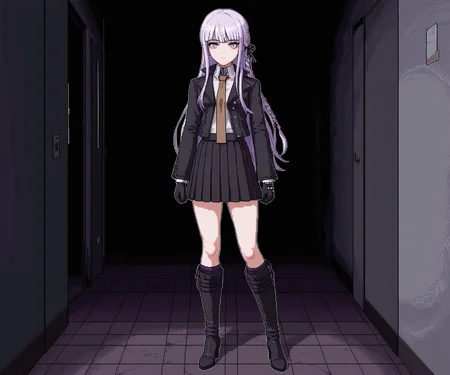 masterpiece, best quality, amazing quality,  1girl, solo,  horror \(theme\), <lora:World of Horror style:1.2> WoH, pixel art,  <lora:Kyoko  [Illustrious] - Danganronpa:0.6> DRK1r1g1r1, purple eyes, long hair, side braid, purple hair, black ribbon, hair ribbon, black jacket, open jacket, white shirt, brown necktie, black gloves, black skirt, pleated skirt, black footwear, knee boots, high heel boots