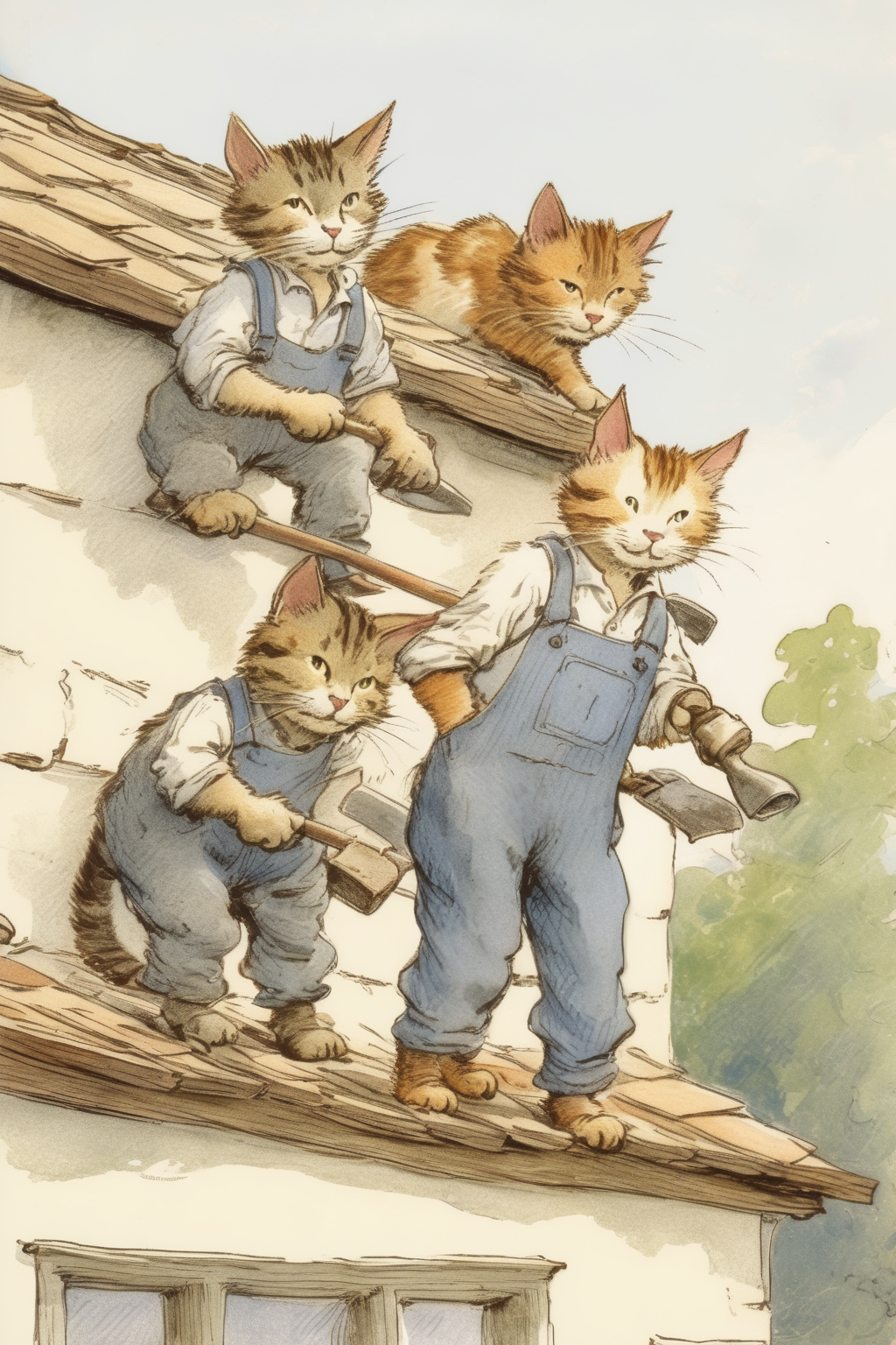 <lora:Randolph Caldecott Style:1>Randolph Caldecott Style - 3 three feeble elderly male cats with overalls and hammers fixing cottage roof, sketch by E. H. Shepard and illustrated