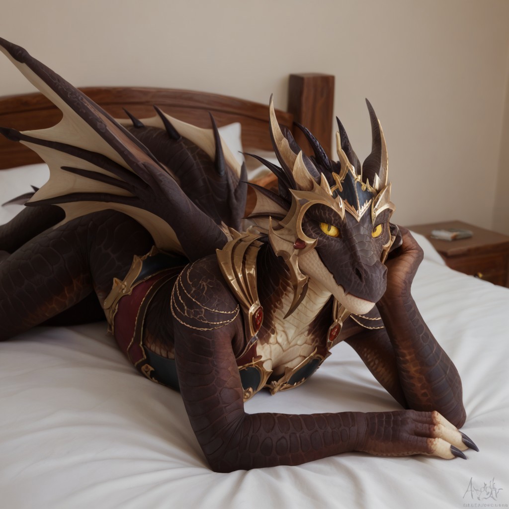 score_9, score_8_up, score_7_up, score_6_up, score_5_up, score_4_up, masterpiece, high quality, realistic, detailed, best quality, white bed, solo, rating_safe, source_furry, bedroom, smiling, seductive, looking at viewer, lying on belly, anthro, detailed eyes, detailed face, good_hands, emberthal_wc, dracthyr, dragon, black scales, wings, horns, tail, hands, female, 1girl, anthro, (yellow sclera, black pupils), armor