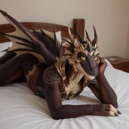 score_9, score_8_up, score_7_up, score_6_up, score_5_up, score_4_up, masterpiece, high quality, realistic, detailed, best quality, white bed, solo, rating_safe, source_furry, bedroom, smiling, seductive, looking at viewer, lying on belly, anthro, detailed eyes, detailed face, good_hands, emberthal_wc, dracthyr, dragon, black scales, wings, horns, tail, hands, female, 1girl, anthro, (yellow sclera, black pupils), armor