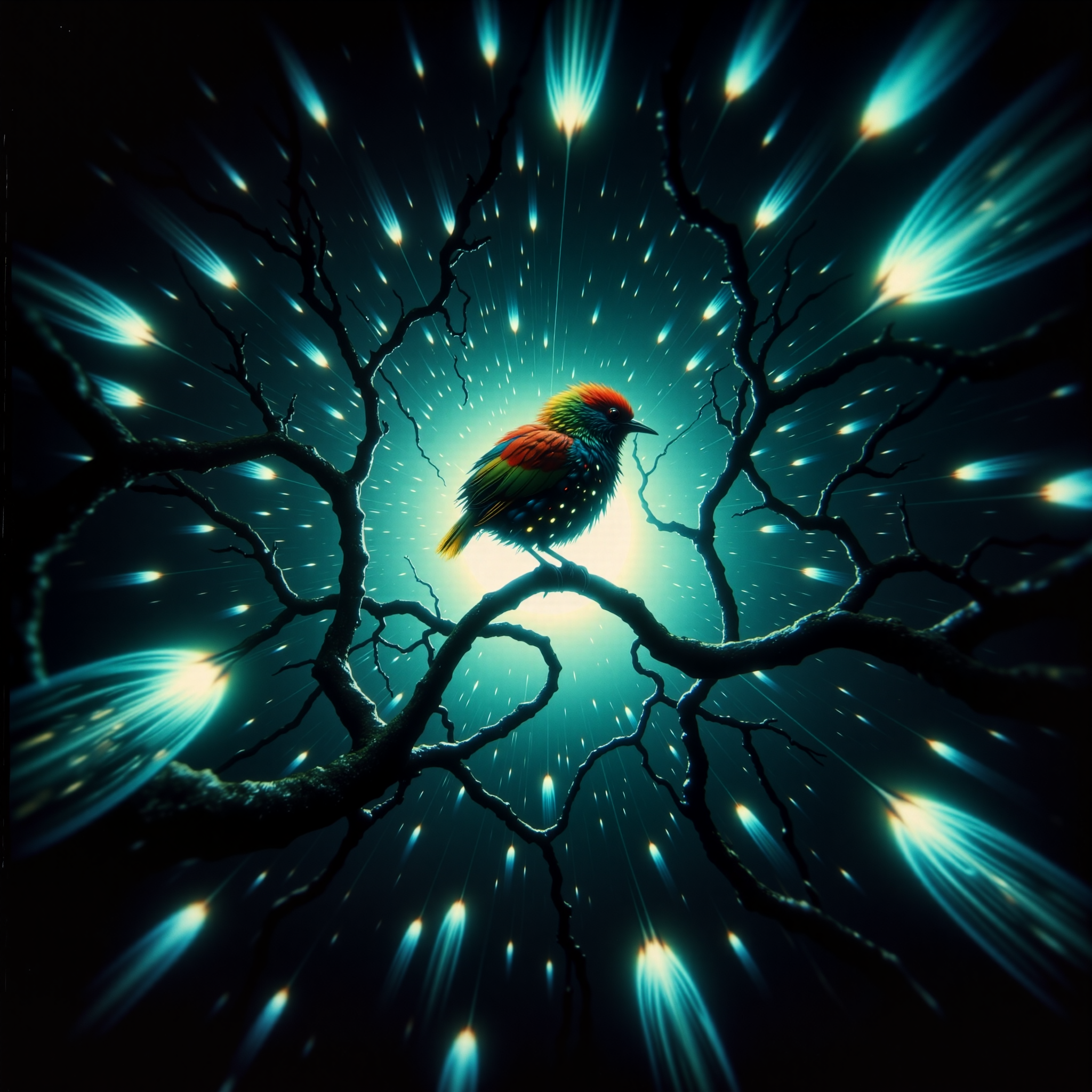 extremely detailed, golden ratio, very aesthetic, dramatic, strange and otherworldly scenery, award-winning pinhole photography, dim lighting, at night,  bioluminescence, subsurface scattering, the small "toxic grievexyggler" is a feathered creature that inhabits the dense, spiraling winklethickets of the perplexing world "nyxwood vii." its vibrant, tri-colored plumage features microscopic crystals that catch the planets teal-hued sunlight, creating a dazzling, prismatic display. the creatures are known for their habit of plinkifying as they drink from the frondal dripping  nectar globules of the ethereal orbitflowers. the biome itself is a lush, chaotic sprawl of coiling vegetation that twists and loops in gravity-defying spirals, detailed background, aidmamj6.1, <lora:midjourney_61-v0.5-flux-by_aidma:0.56> <lora:style-eldritch_pinhole_photography-flux-by_eldritchadam:0.72>