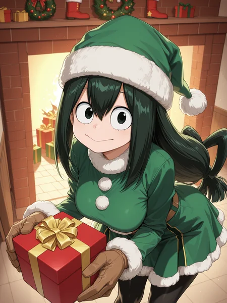 masterpiece, best quality, amazing quality, 1girl, solo, <lora:IlluTsuyu:1> illutsuyu, long hair, black hair, green hair, low-tied long hair, black eyes, looking at viewer, smile, hat, dress, black pantyhose, fur trim, christmas, gift, santa hat, brown gloves, green dress, green headwear, :>, fur-trimmed headwear