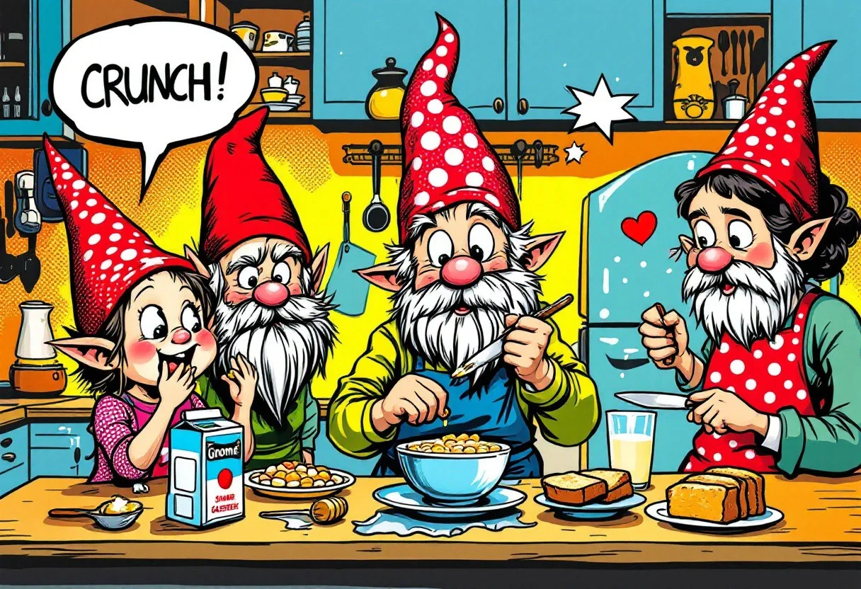 The gnome kitchen is a riot of bold colours and graphic patterns, a breakfast scene reimagined through the lens of pop art. The very young gnome girl, her eyes wide with delight, crunches cereal with exaggerated gusto, each bite rendered as a comic book-style "CRUNCH!" in a speech bubble. Her older brother, his movements captured in a series of dynamic lines, pours milk from a carton adorned with Andy Warhol-esque soup can imagery. The father, his face half-hidden behind the "Gnome Gazetteer," is a study in Ben-Day dots and thick outlines, while the mother, a vision of domestic efficiency in a polka-dotted apron, slices bread with a knife that gleams with a cartoonish shine. The air is filled with the sweet scent of honey and the pop of toast, rendered as vibrant bursts of colour. This is a whimsical tableau of everyday life, elevated to the realm of high art through the bold colors, graphic lines, and playful imagery of pop art masters like Roy Lichtenstein and Andy Warhol. The desired emotion is a sense of joyful nostalgia, a celebration of the simple pleasures of family life, captured through a dynamic composition, vibrant color palette, and the playful incorporation of pop art techniques to create a scene that is both familiar and delightfully surreal.