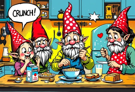 The gnome kitchen is a riot of bold colours and graphic patterns, a breakfast scene reimagined through the lens of pop art. The very young gnome girl, her eyes wide with delight, crunches cereal with exaggerated gusto, each bite rendered as a comic book-style "CRUNCH!" in a speech bubble. Her older brother, his movements captured in a series of dynamic lines, pours milk from a carton adorned with Andy Warhol-esque soup can imagery. The father, his face half-hidden behind the "Gnome Gazetteer," is a study in Ben-Day dots and thick outlines, while the mother, a vision of domestic efficiency in a polka-dotted apron, slices bread with a knife that gleams with a cartoonish shine. The air is filled with the sweet scent of honey and the pop of toast, rendered as vibrant bursts of colour. This is a whimsical tableau of everyday life, elevated to the realm of high art through the bold colors, graphic lines, and playful imagery of pop art masters like Roy Lichtenstein and Andy Warhol. The desired emotion is a sense of joyful nostalgia, a celebration of the simple pleasures of family life, captured through a dynamic composition, vibrant color palette, and the playful incorporation of pop art techniques to create a scene that is both familiar and delightfully surreal.