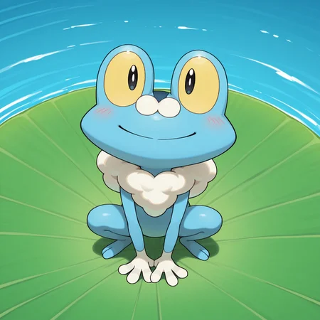 2d, solo, Pokemon (creature), Froakie, Amphibian, Frog, blue skin, yellow sclera, black eyes, white hands, puffy neck fluff, white neck fluff, three fingers, two toes,
BREAK squatting, happy, from above, looking up at viewer, smile, outside, on lily pad, water
BREAK best quality, amazing quality, very aesthetic, absurdres, newest, masterpiece, high quality