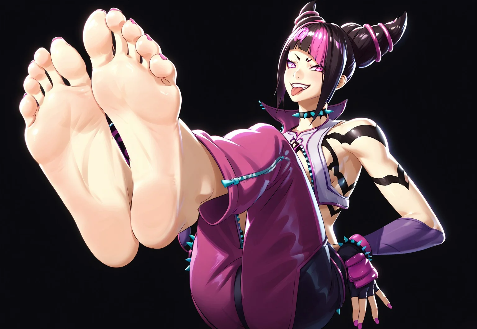 1girl, barefoot, Juri Han, feet, foot focus, grin, hand on own knee, tongue out, side view, dark background, soles, toes, feet up, feet together, spread toes