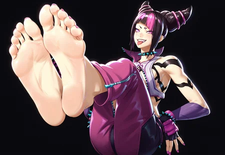 1girl, barefoot, Juri Han, feet, foot focus, grin, hand on own knee, tongue out, side view, dark background, soles, toes, feet up, feet together, spread toes