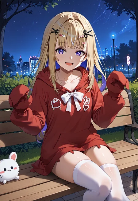 safe_pos, 1girl, solo, solo focus, highres, absurdres, ShiinaCrab, bangs, hair ornament, red hoodie, long hair, blue eyes, blonde hair, hood up, long sleeves, hair clip, thighhighs, purple eyes, sleeves past wrists, multicolored hair, white bow, collarbone,
looking at viewer, sitting, leg up, hands up, smile, open mouth,
park, park bench, night, night sky, neon lights, shade,