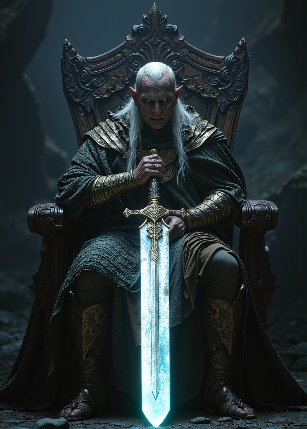 <lora:ck-Orcs-000016:1>, ck-0rcs, this is an image of an elderly orc sitting in front of the viewer, on a throne, holding a HUGE giant ethereal glowing sword
 <lora:flux.1_lora_flyway_Epic-detail_v2:0.6>