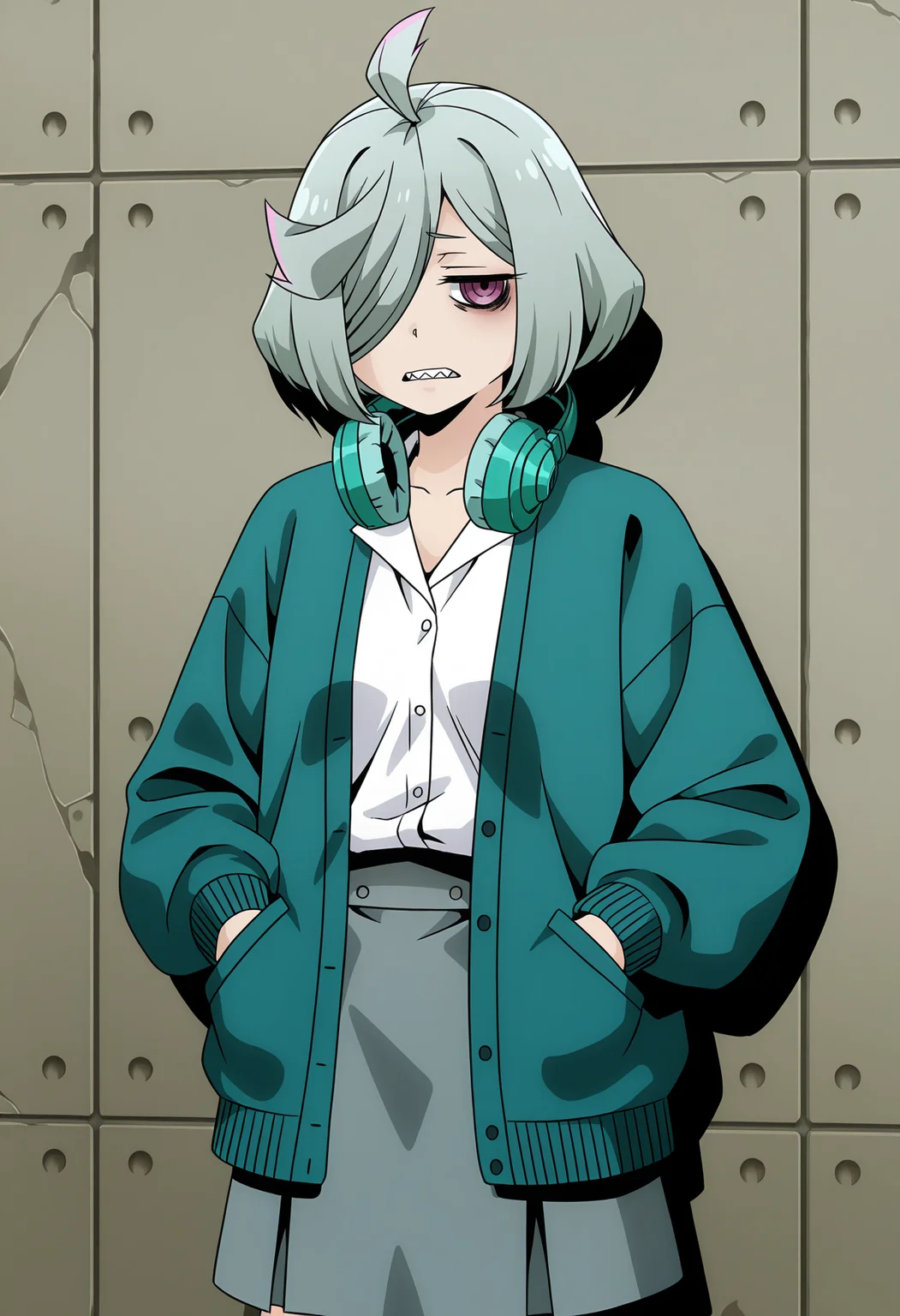 Anemo Nemo,headphones around neck,sharp teeth,solo,teeth,headphones,hands in pockets,skirt,shirt,white shirt,cardigan,bags under eyes,ahoge,<lora:Anemo Nemo_illustrious-000036:1>,open clothes,gray skirt