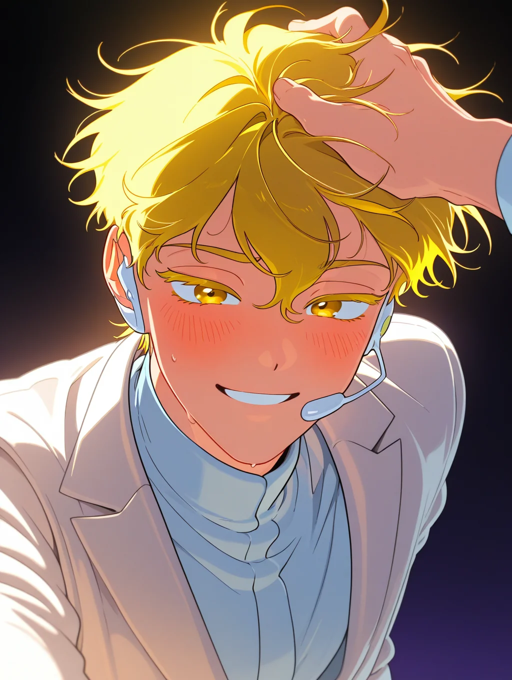 wiegevivinos, lukawiege, adult, 1boy, solo, sweat, golden eyes, yellow hair, sweat, dark background, warm light, hair againts the wind, violet hue, pose, white suit, white microphone headset, blushing, pose, yellow eyelashes, no teeth, mouth closed, smile, handpat