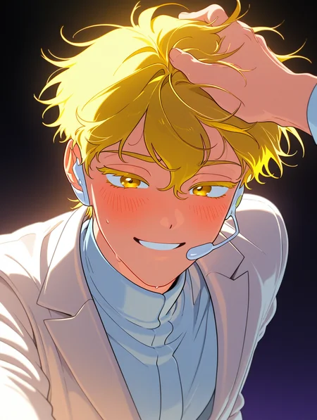 wiegevivinos, lukawiege, adult, 1boy, solo, sweat, golden eyes, yellow hair, sweat, dark background, warm light, hair againts the wind, violet hue, pose, white suit, white microphone headset, blushing, pose, yellow eyelashes, no teeth, mouth closed, smile, handpat