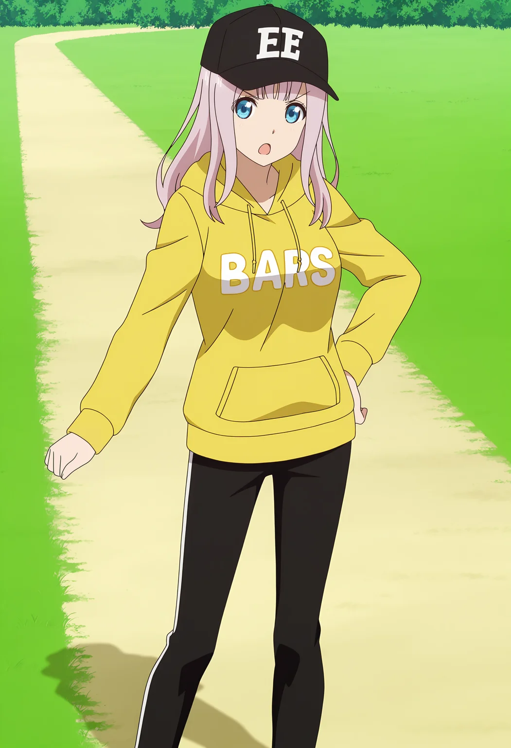 <lora:Chika FUJIWARA_illustrious-000012:1>,
Chika FUJIWARA, baseball cap, hat, solo, hood, pants, hoodie, outdoors, yellow hoodie, looking at viewer, black pants, v-shaped eyebrows, open mouth, long sleeves, hood down, standing, grass, clothes writing, anime screencap