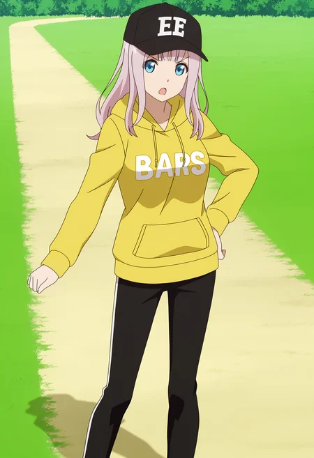 <lora:Chika FUJIWARA_illustrious-000012:1>,
Chika FUJIWARA, baseball cap, hat, solo, hood, pants, hoodie, outdoors, yellow hoodie, looking at viewer, black pants, v-shaped eyebrows, open mouth, long sleeves, hood down, standing, grass, clothes writing, anime screencap