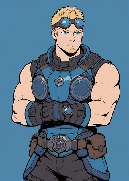 <lora:Damon_Baird_IL:0.98> damonbaird, sleeveless armor, blonde hair, short hair, goggles, goggles on head, muscular, bara, lightly shaved beard, gloves, blue eyes, cowboy shot, pose, fixing goggles, animification, ((simple color, high contrast, thick lineart)), grumpy, being sarcastic, arms crossed