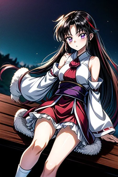 masterpiece, best quality 1girl Setsun4 solo long hair, (night time) forest background black hair very long hair purple eyes multicolored hair armor (fur trim) (medium body),<lora:EMS-179-EMS:0.800000>,<lora:EMS-293862-EMS:0.800000>ascot, bare shoulders, black footwear, detached sleeves, embellished costume, frills, japanese clothes, nontraditional miko, red skirt, sandals, sarashi, skirt, socks, white sleeves, white socks, wide sleeves, yellow ascot, zouri, armor, miko