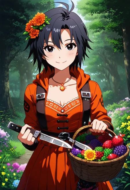 (zPDXL2), score_9, score_8_up, score_7_up, score_6_up, source_anime, <lora:Worldly_XL:1> volumetric lighting, warm colors, motion effects, best quality, wallpaper art, looking at viewer, woods, (knives:1.5), berries, flowers, insects
1girl, solo, 18 year old, Little Red Riding Hood on a path in the woods, holding basket with knives, delicate and smooth skin, cleavage, shy smile, eyes open, low cut, 
<lora:KikuchiMakoto_pony_v1:0.9> kkcmkt, short hair, black hair, antenna hair, hair between eyes, black eyes, flat chest,  small breasts, 
Expressiveh,  <lora:c0l0urc0r3XLP2:0.40> c0l0urc0r3, cute, bright colours, candy, <lora:RELSM_v1:0.90> <lora:[GP] somethingweirdv1 [Pony XL]:0.20>