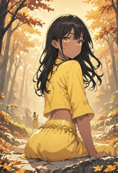 gorgeous lips, cinematic, (masterpiece), (best quality), (ultra-detailed), very aesthetic, illustration, perfect composition, intricate details, absurdres, detailed face, (anime, masterpiece, intricate:1.3), (best quality, hires textures, high detail:1.2), (4k),(incredibly detailed:1.4)
Footbath, beautiful girl, autumn deciduous forest in the surrounding background, mountains in the distant background, sitting on a rock, black hair, no bangs, long hair, evening, autumn, mountain far from the city center, countryside, wooden village, cloudy white footbath, perfect quality, cute, people who look at it Looking back, beautiful scenery, high resolution, orange Lehnga, yellow Lehnga cropped top covered in gold,orange Lehnga skirt covered in gold, toned midriff, gold waist chain, tan skin, brown skin, yellow eyes, 背景　ジブリ, 背景, ジブリ,<lora:more_details:0.5>