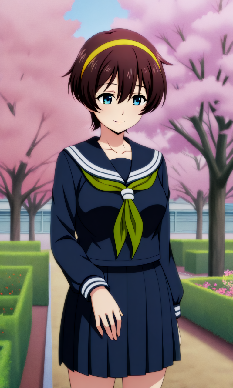 Yuu_School, 1girl, (brown short hair:1.1), hair between eyes, blue eyes, medium breasts, collarbone, yellow hairband, serafuku, green neckerchief, sailor collar, dark blue serafuku, long sleeves,
 ,  Community garden with cherry blossom trees,  light smile,  Standing, pretending to smell a big flower , <lora:Yuu_IL_NoobAI-000008:0.6>