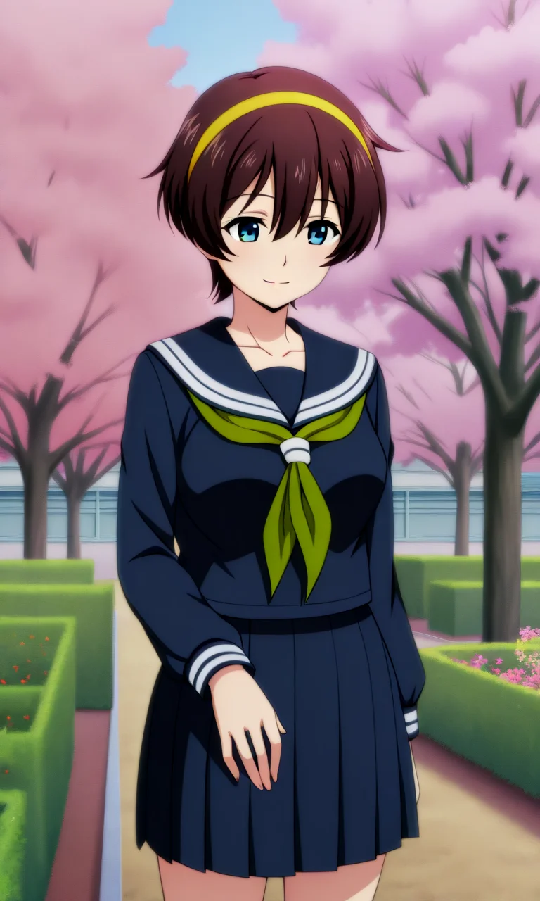 Yuu_School, 1girl, (brown short hair:1.1), hair between eyes, blue eyes, medium breasts, collarbone, yellow hairband, serafuku, green neckerchief, sailor collar, dark blue serafuku, long sleeves,
, Community garden with cherry blossom trees, light smile, Standing, pretending to smell a big flower , <lora:Yuu_IL_NoobAI-000008:0.6>