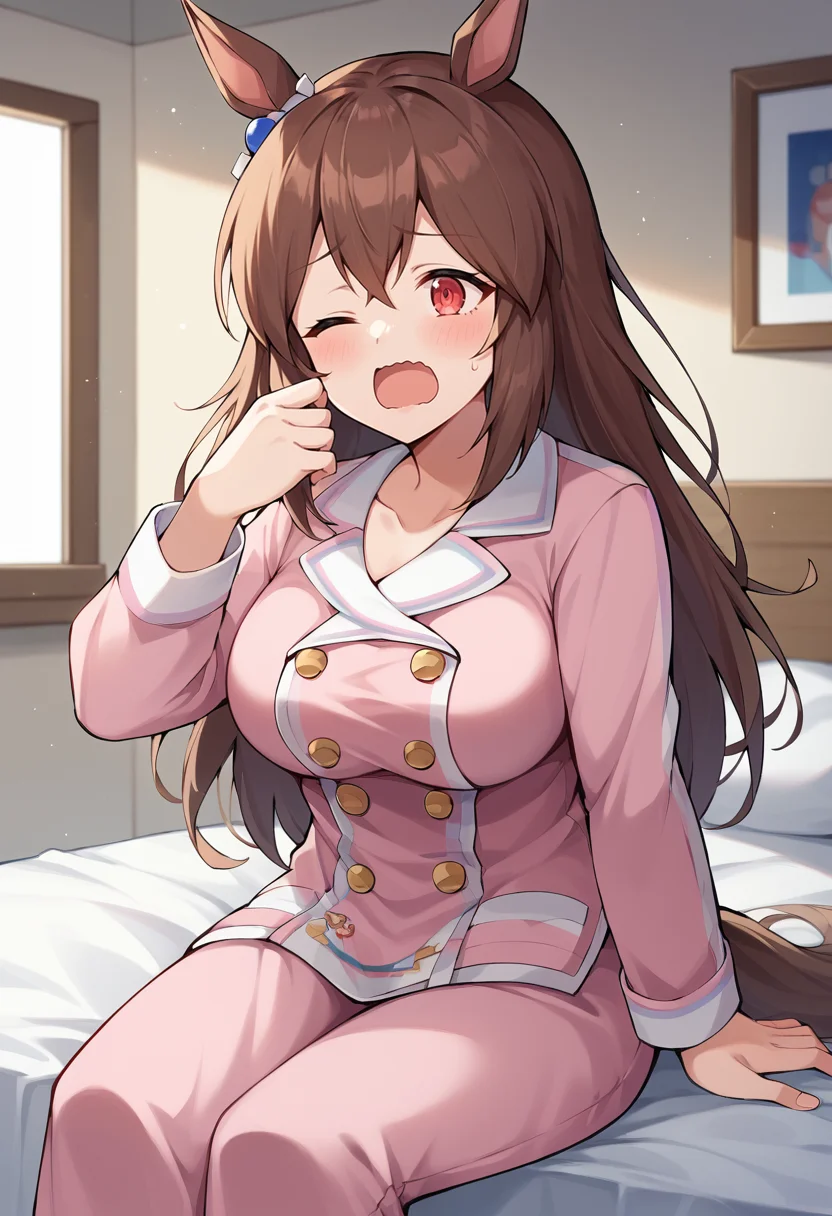 <lora:HishiAkebono-05:1> hishi akebono, brown hair, animal ears, horse ears, horse girl, red eyes, tail, large breasts, bedroom, sitting,  sitting on bed, pink pajamas, one eye closed, yawning, wavy mouth, open mouth, morning, messy hair, a hand on the bed, a hand covering her mouth, long hair, bubble,, score_9, score_8_up, score_7_up, source_anime,
