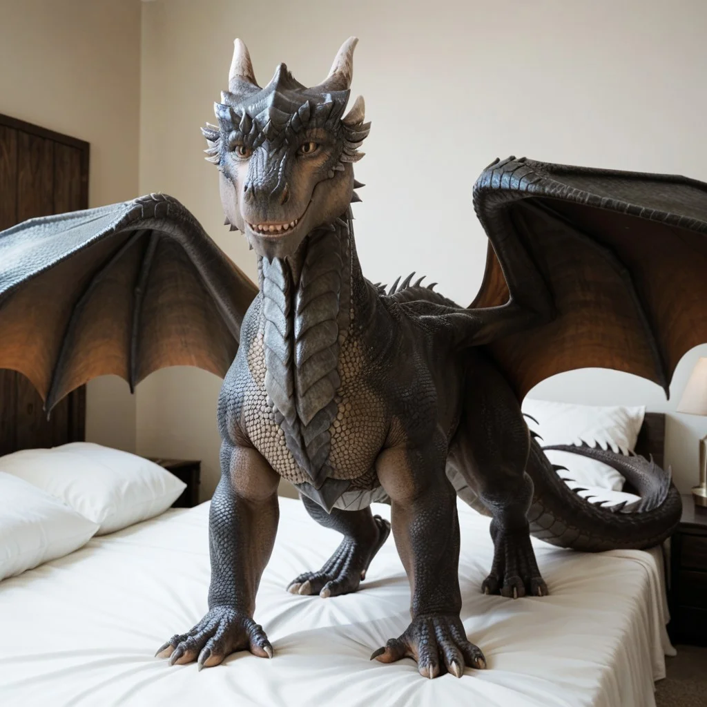 score_9, score_8_up, score_7_up, score_6_up, score_5_up, score_4_up, masterpiece, high quality, realistic, detailed, best quality, white bed, solo, rating_safe, source_furry, bedroom, standing, next to bed, spread wings, smiling, seductive pose, looking at viewer, full body, drago_dh, dragon, gray scales, wings, horns, tail, claws, male, 1boy, hazel eyes, feral
