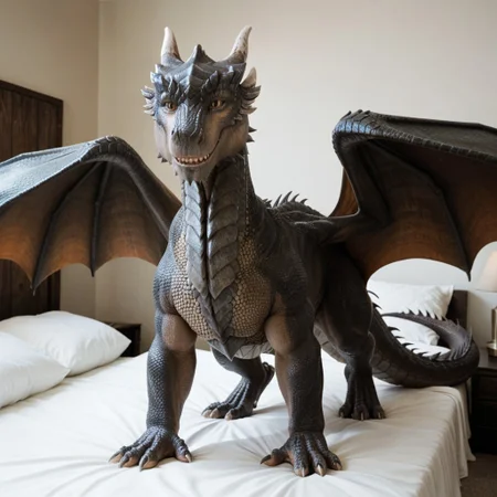 score_9, score_8_up, score_7_up, score_6_up, score_5_up, score_4_up, masterpiece, high quality, realistic, detailed, best quality, white bed, solo, rating_safe, source_furry, bedroom, standing, next to bed, spread wings, smiling, seductive pose, looking at viewer, full body, drago_dh, dragon, gray scales, wings, horns, tail, claws, male, 1boy, hazel eyes, feral